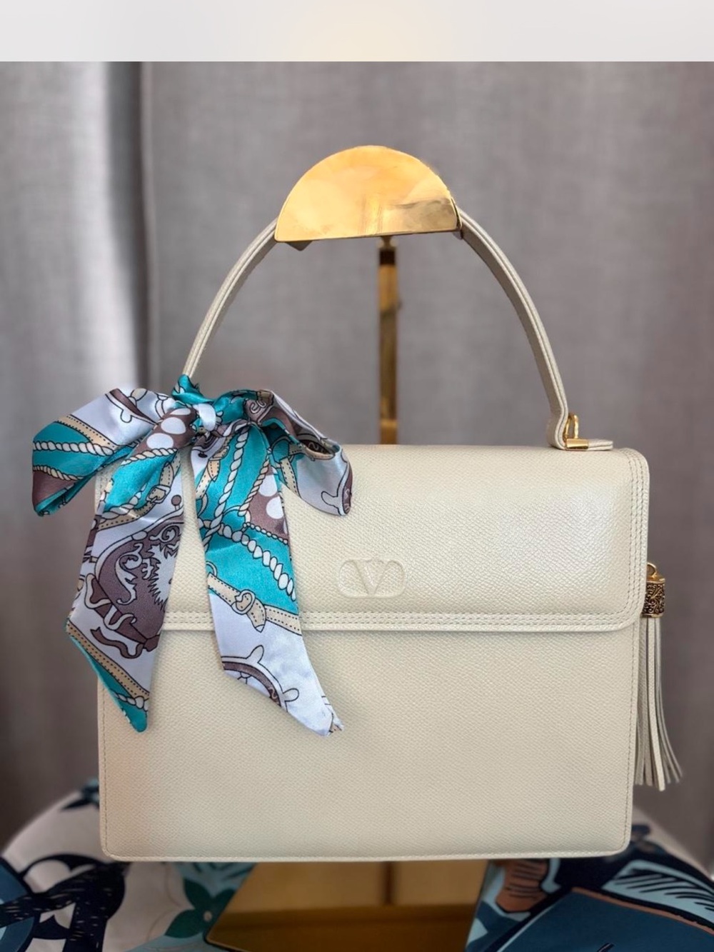 Vintage Valentino Cream Leather Top-Handle Satchel with Turquoise Scarf